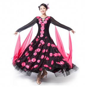 Hot pink fuchsia turquoise violet purple red black patchwork embroidery flowers sequins long sleeves round neck competition expansion full skirted women's ladies female ballroom tango waltz dance dresses outfits